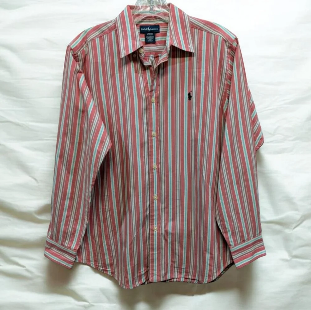 0529 Ralph Lauren Pink and White Striped Button-Down Cotton Shirt